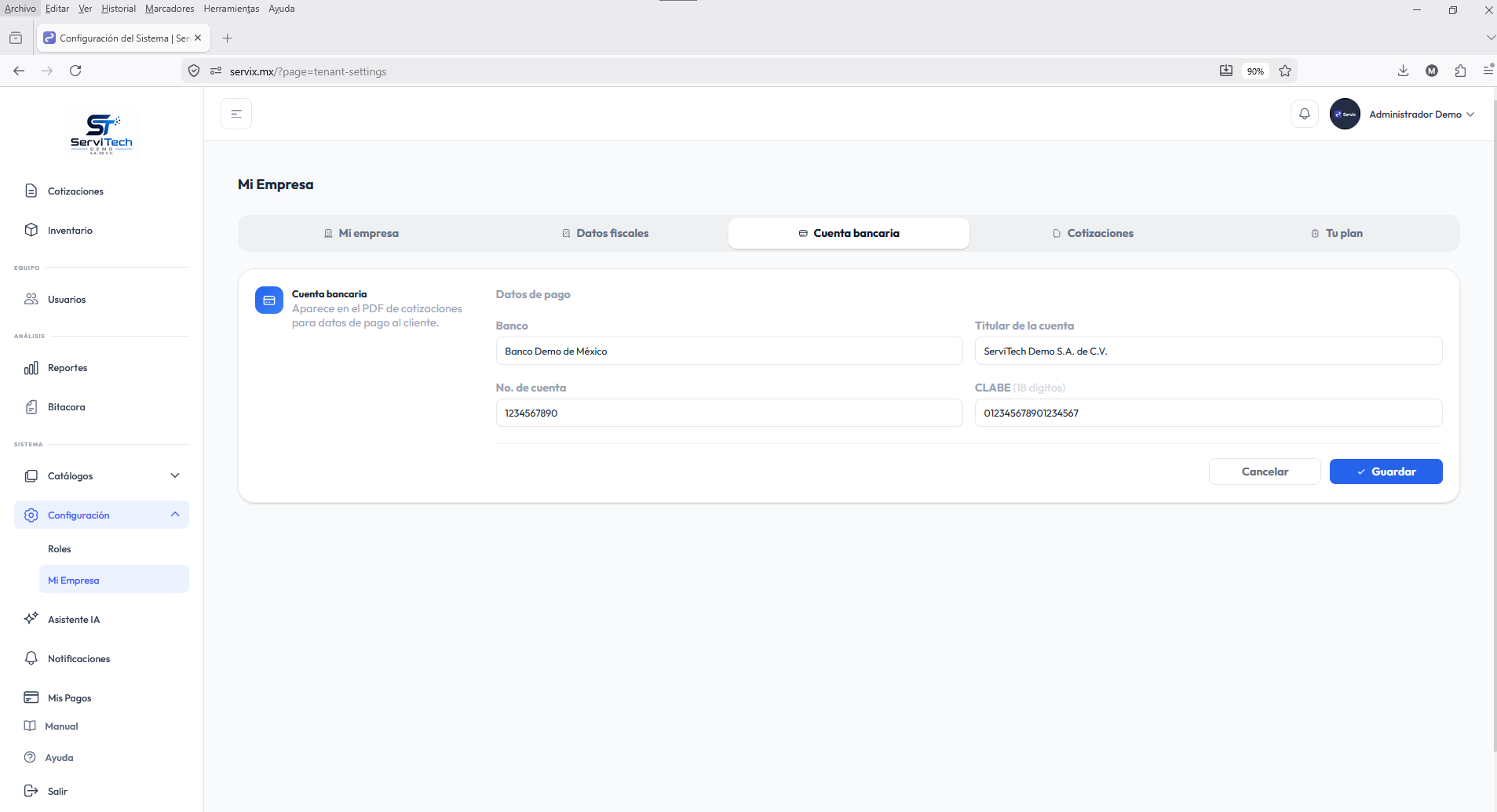 Pantalla de configuración de empresa