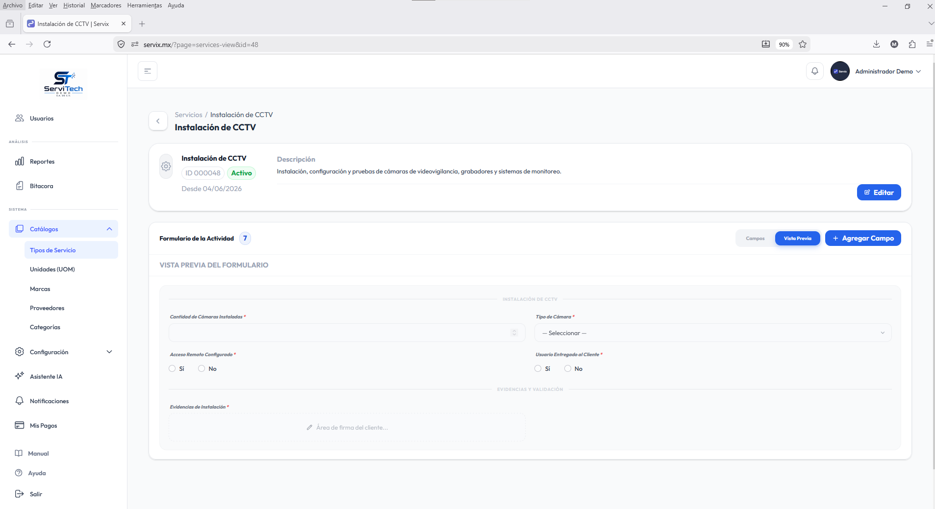 Editor de servicio con constructor de formulario