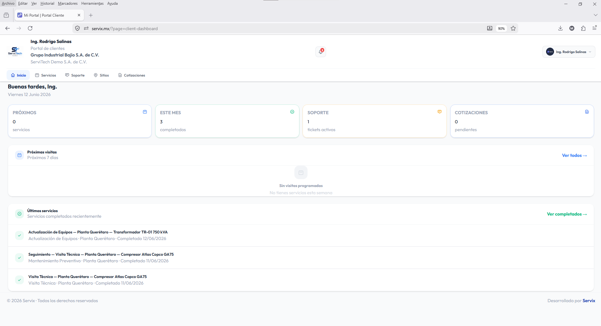 Dashboard del portal cliente — Resumen de actividades